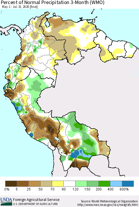 Northern South America Percent of Normal Precipitation 3-Month (WMO) Thematic Map For 5/1/2020 - 7/31/2020