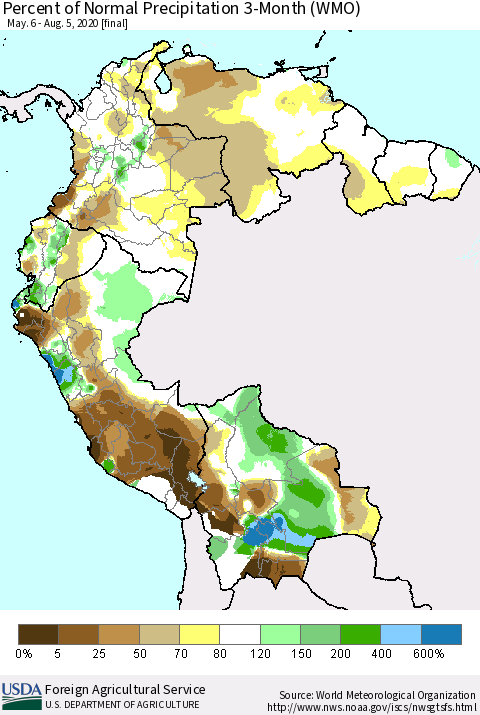 Northern South America Percent of Normal Precipitation 3-Month (WMO) Thematic Map For 5/6/2020 - 8/5/2020