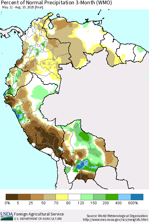 Northern South America Percent of Normal Precipitation 3-Month (WMO) Thematic Map For 5/11/2020 - 8/10/2020