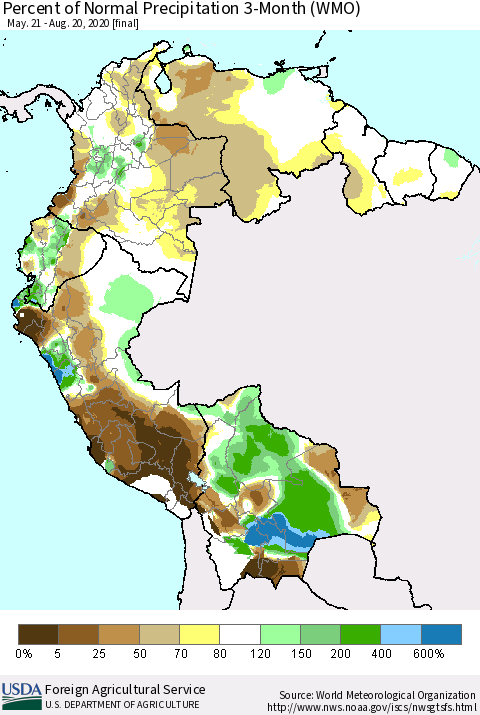 Northern South America Percent of Normal Precipitation 3-Month (WMO) Thematic Map For 5/21/2020 - 8/20/2020