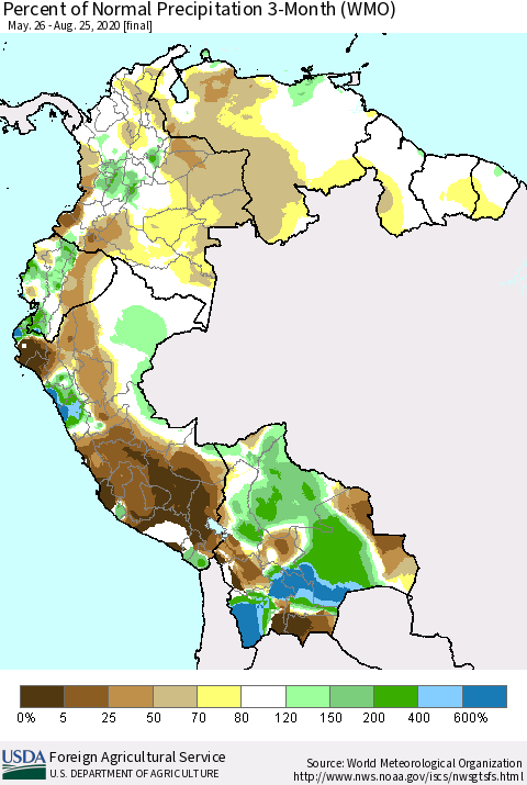 Northern South America Percent of Normal Precipitation 3-Month (WMO) Thematic Map For 5/26/2020 - 8/25/2020