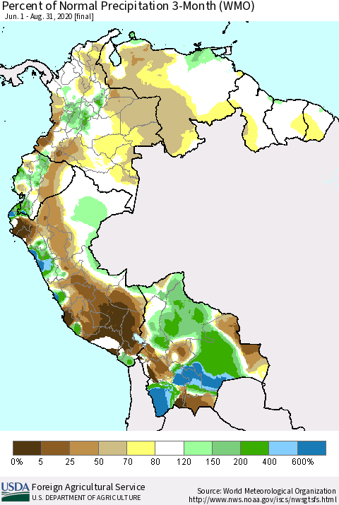 Northern South America Percent of Normal Precipitation 3-Month (WMO) Thematic Map For 6/1/2020 - 8/31/2020