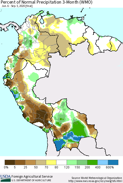 Northern South America Percent of Normal Precipitation 3-Month (WMO) Thematic Map For 6/6/2020 - 9/5/2020