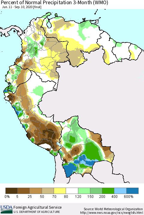 Northern South America Percent of Normal Precipitation 3-Month (WMO) Thematic Map For 6/11/2020 - 9/10/2020