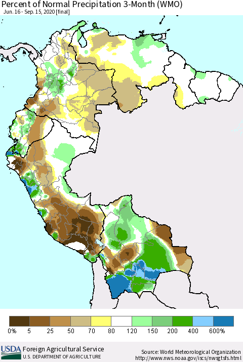 Northern South America Percent of Normal Precipitation 3-Month (WMO) Thematic Map For 6/16/2020 - 9/15/2020