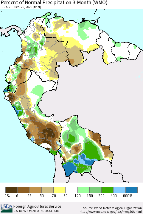 Northern South America Percent of Normal Precipitation 3-Month (WMO) Thematic Map For 6/21/2020 - 9/20/2020