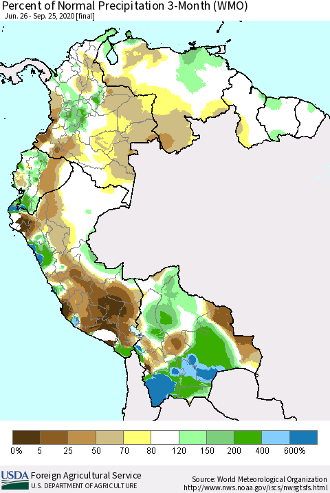 Northern South America Percent of Normal Precipitation 3-Month (WMO) Thematic Map For 6/26/2020 - 9/25/2020
