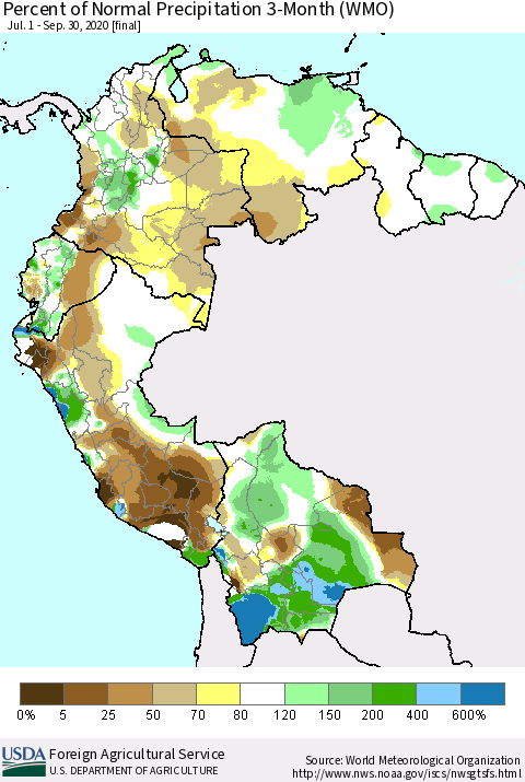 Northern South America Percent of Normal Precipitation 3-Month (WMO) Thematic Map For 7/1/2020 - 9/30/2020