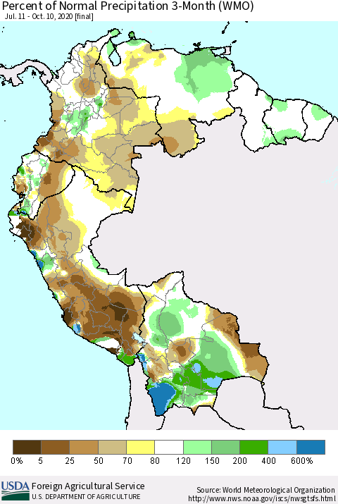 Northern South America Percent of Normal Precipitation 3-Month (WMO) Thematic Map For 7/11/2020 - 10/10/2020