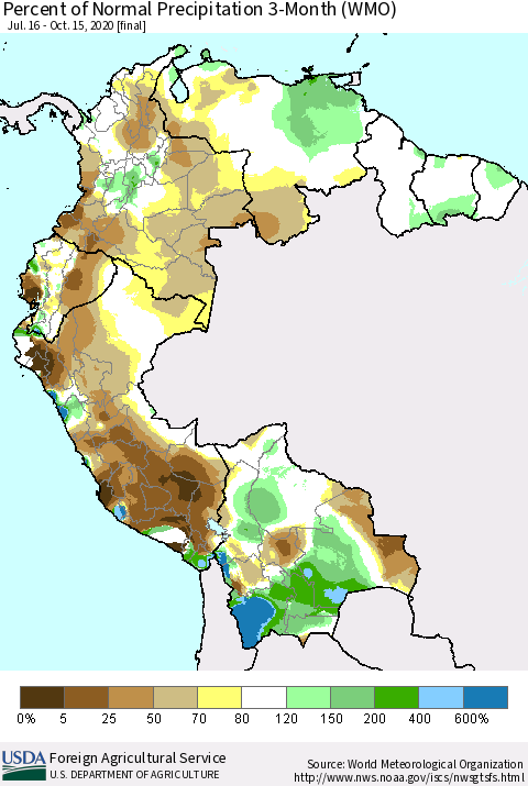 Northern South America Percent of Normal Precipitation 3-Month (WMO) Thematic Map For 7/16/2020 - 10/15/2020