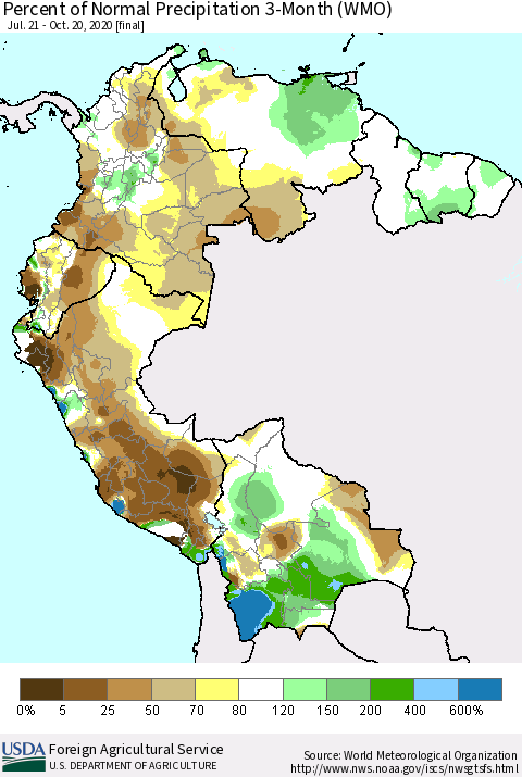 Northern South America Percent of Normal Precipitation 3-Month (WMO) Thematic Map For 7/21/2020 - 10/20/2020