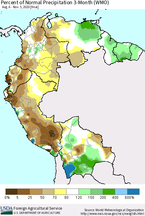 Northern South America Percent of Normal Precipitation 3-Month (WMO) Thematic Map For 8/6/2020 - 11/5/2020
