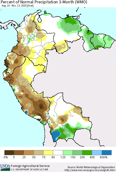 Northern South America Percent of Normal Precipitation 3-Month (WMO) Thematic Map For 8/16/2020 - 11/15/2020
