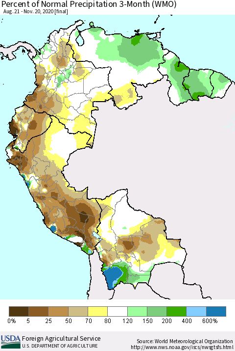 Northern South America Percent of Normal Precipitation 3-Month (WMO) Thematic Map For 8/21/2020 - 11/20/2020