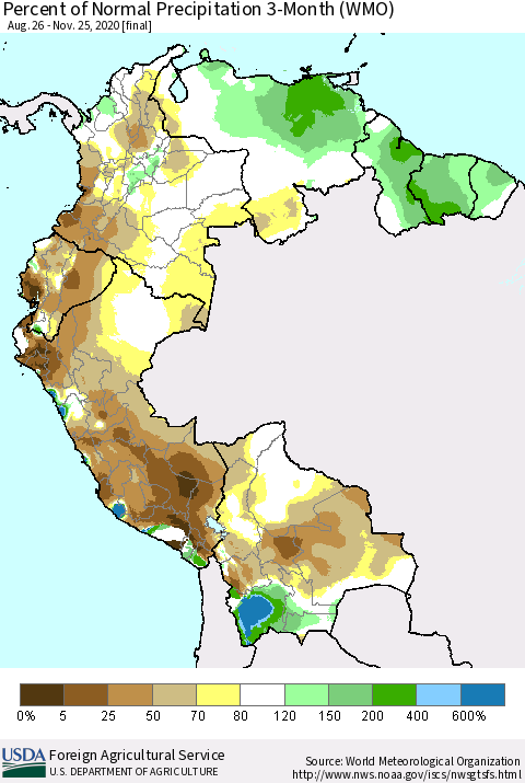 Northern South America Percent of Normal Precipitation 3-Month (WMO) Thematic Map For 8/26/2020 - 11/25/2020