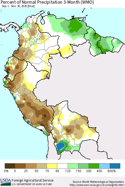 Northern South America Percent of Normal Precipitation 3-Month (WMO) Thematic Map For 9/1/2020 - 11/30/2020