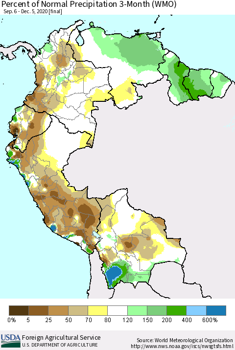 Northern South America Percent of Normal Precipitation 3-Month (WMO) Thematic Map For 9/6/2020 - 12/5/2020