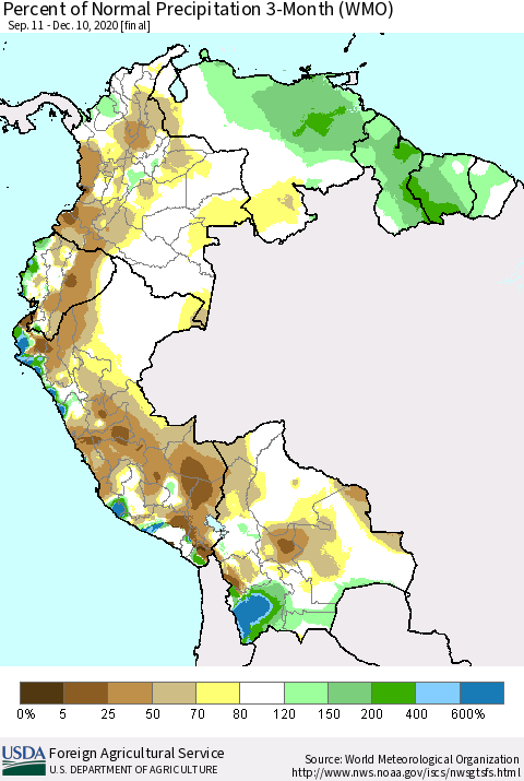Northern South America Percent of Normal Precipitation 3-Month (WMO) Thematic Map For 9/11/2020 - 12/10/2020