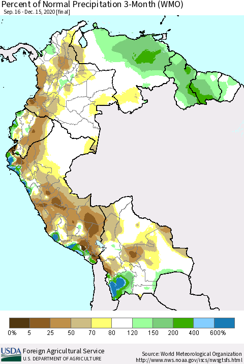 Northern South America Percent of Normal Precipitation 3-Month (WMO) Thematic Map For 9/16/2020 - 12/15/2020