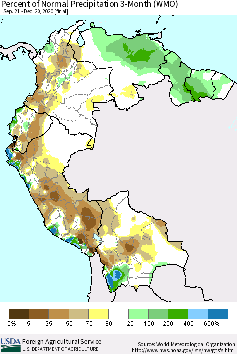Northern South America Percent of Normal Precipitation 3-Month (WMO) Thematic Map For 9/21/2020 - 12/20/2020
