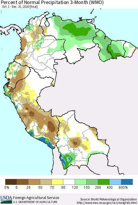 Northern South America Percent of Normal Precipitation 3-Month (WMO) Thematic Map For 10/1/2020 - 12/31/2020