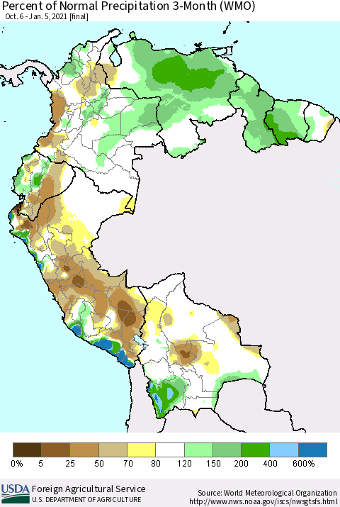 Northern South America Percent of Normal Precipitation 3-Month (WMO) Thematic Map For 10/6/2020 - 1/5/2021