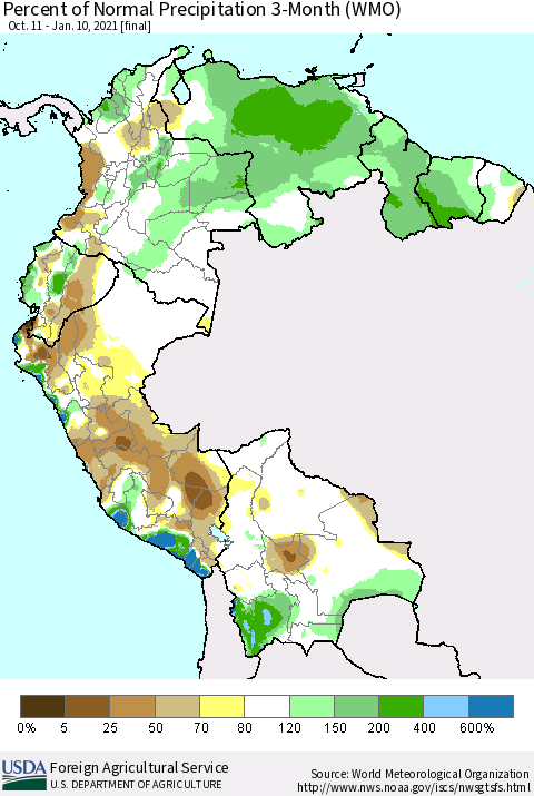 Northern South America Percent of Normal Precipitation 3-Month (WMO) Thematic Map For 10/11/2020 - 1/10/2021