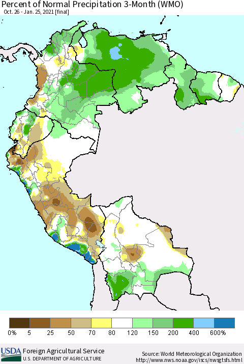 Northern South America Percent of Normal Precipitation 3-Month (WMO) Thematic Map For 10/26/2020 - 1/25/2021