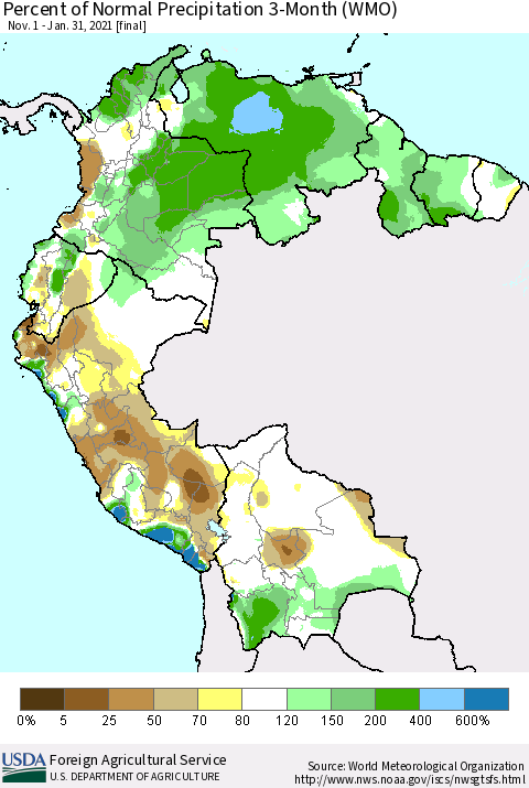 Northern South America Percent of Normal Precipitation 3-Month (WMO) Thematic Map For 11/1/2020 - 1/31/2021