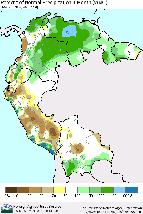 Northern South America Percent of Normal Precipitation 3-Month (WMO) Thematic Map For 11/6/2020 - 2/5/2021