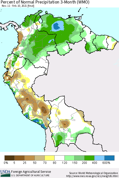 Northern South America Percent of Normal Precipitation 3-Month (WMO) Thematic Map For 11/11/2020 - 2/10/2021