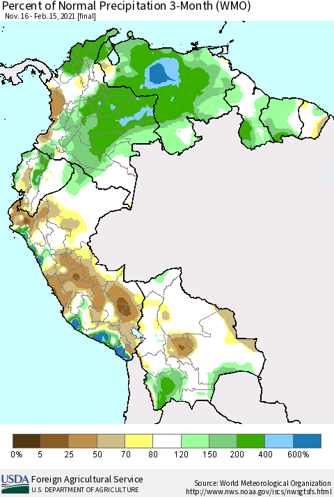 Northern South America Percent of Normal Precipitation 3-Month (WMO) Thematic Map For 11/16/2020 - 2/15/2021