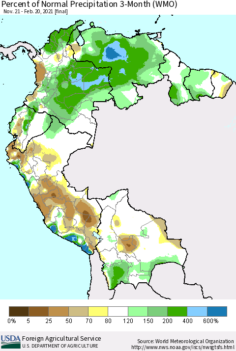 Northern South America Percent of Normal Precipitation 3-Month (WMO) Thematic Map For 11/21/2020 - 2/20/2021
