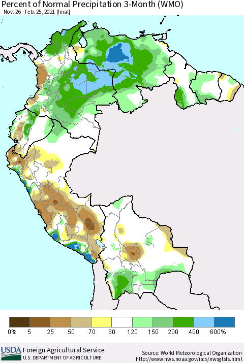 Northern South America Percent of Normal Precipitation 3-Month (WMO) Thematic Map For 11/26/2020 - 2/25/2021