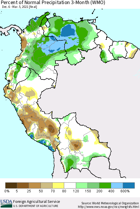 Northern South America Percent of Normal Precipitation 3-Month (WMO) Thematic Map For 12/6/2020 - 3/5/2021