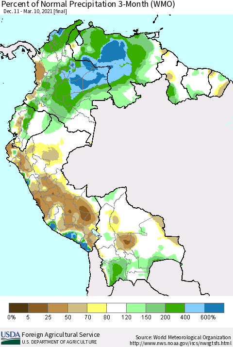 Northern South America Percent of Normal Precipitation 3-Month (WMO) Thematic Map For 12/11/2020 - 3/10/2021