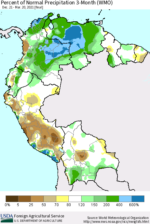 Northern South America Percent of Normal Precipitation 3-Month (WMO) Thematic Map For 12/21/2020 - 3/20/2021