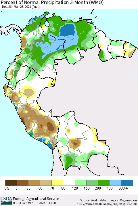 Northern South America Percent of Normal Precipitation 3-Month (WMO) Thematic Map For 12/26/2020 - 3/25/2021