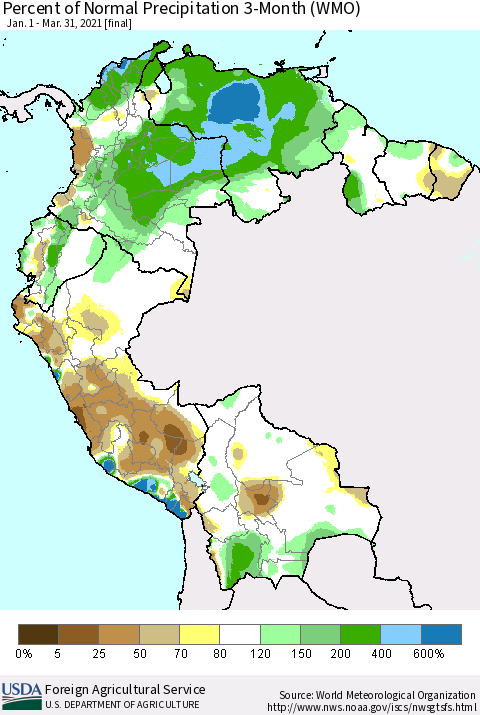 Northern South America Percent of Normal Precipitation 3-Month (WMO) Thematic Map For 1/1/2021 - 3/31/2021