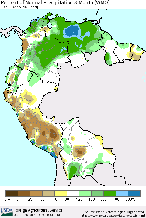 Northern South America Percent of Normal Precipitation 3-Month (WMO) Thematic Map For 1/6/2021 - 4/5/2021