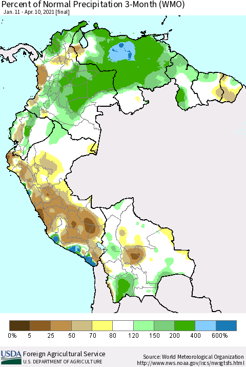 Northern South America Percent of Normal Precipitation 3-Month (WMO) Thematic Map For 1/11/2021 - 4/10/2021