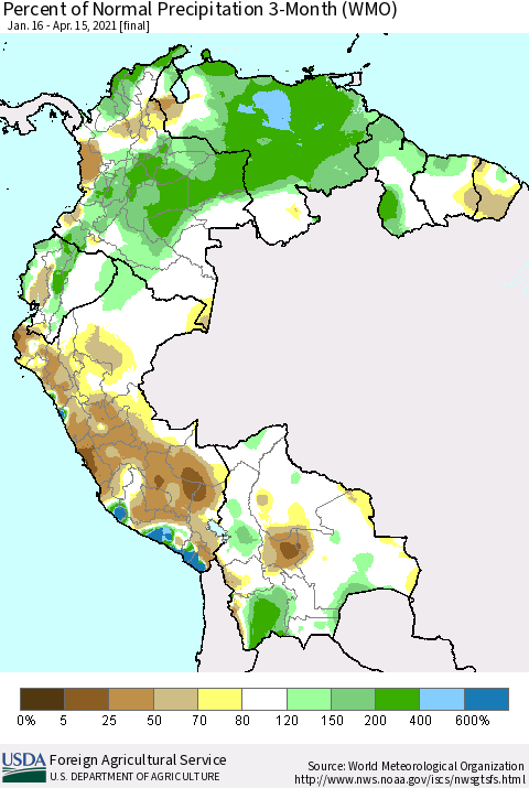 Northern South America Percent of Normal Precipitation 3-Month (WMO) Thematic Map For 1/16/2021 - 4/15/2021