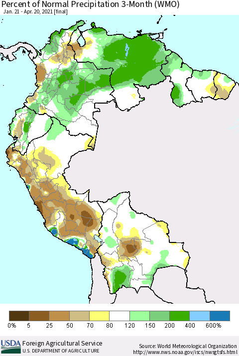 Northern South America Percent of Normal Precipitation 3-Month (WMO) Thematic Map For 1/21/2021 - 4/20/2021