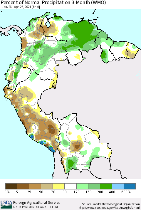 Northern South America Percent of Normal Precipitation 3-Month (WMO) Thematic Map For 1/26/2021 - 4/25/2021