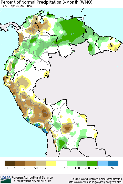 Northern South America Percent of Normal Precipitation 3-Month (WMO) Thematic Map For 2/1/2021 - 4/30/2021