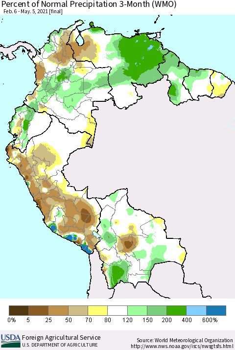 Northern South America Percent of Normal Precipitation 3-Month (WMO) Thematic Map For 2/6/2021 - 5/5/2021