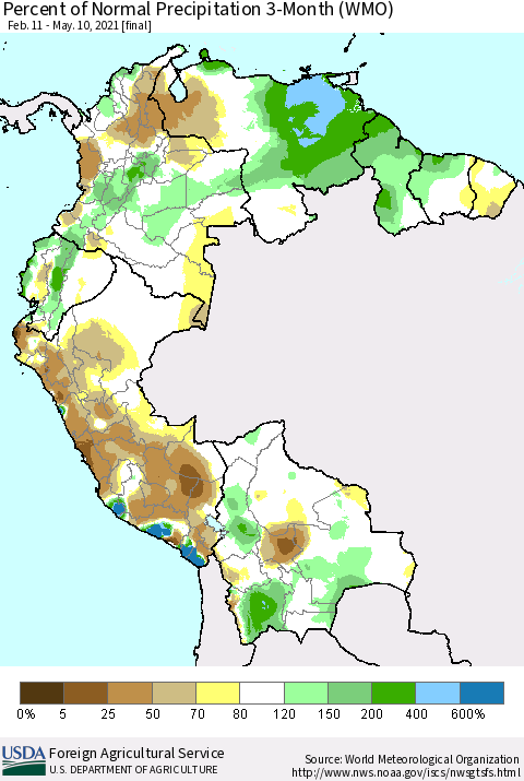 Northern South America Percent of Normal Precipitation 3-Month (WMO) Thematic Map For 2/11/2021 - 5/10/2021
