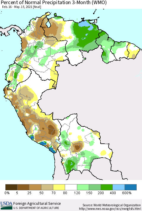Northern South America Percent of Normal Precipitation 3-Month (WMO) Thematic Map For 2/16/2021 - 5/15/2021