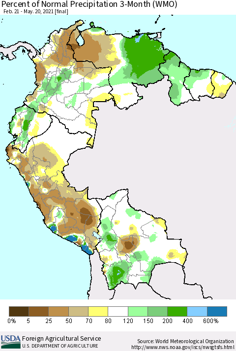 Northern South America Percent of Normal Precipitation 3-Month (WMO) Thematic Map For 2/21/2021 - 5/20/2021