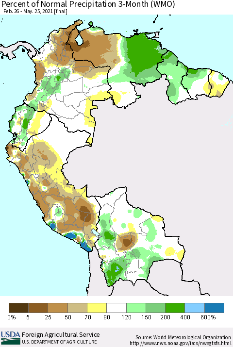 Northern South America Percent of Normal Precipitation 3-Month (WMO) Thematic Map For 2/26/2021 - 5/25/2021